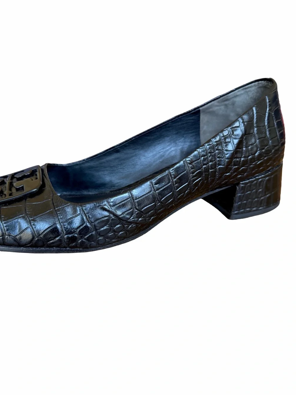 Tory Burch Georgia Black Croc Embossed Leather Block Heel Pumps 9.5